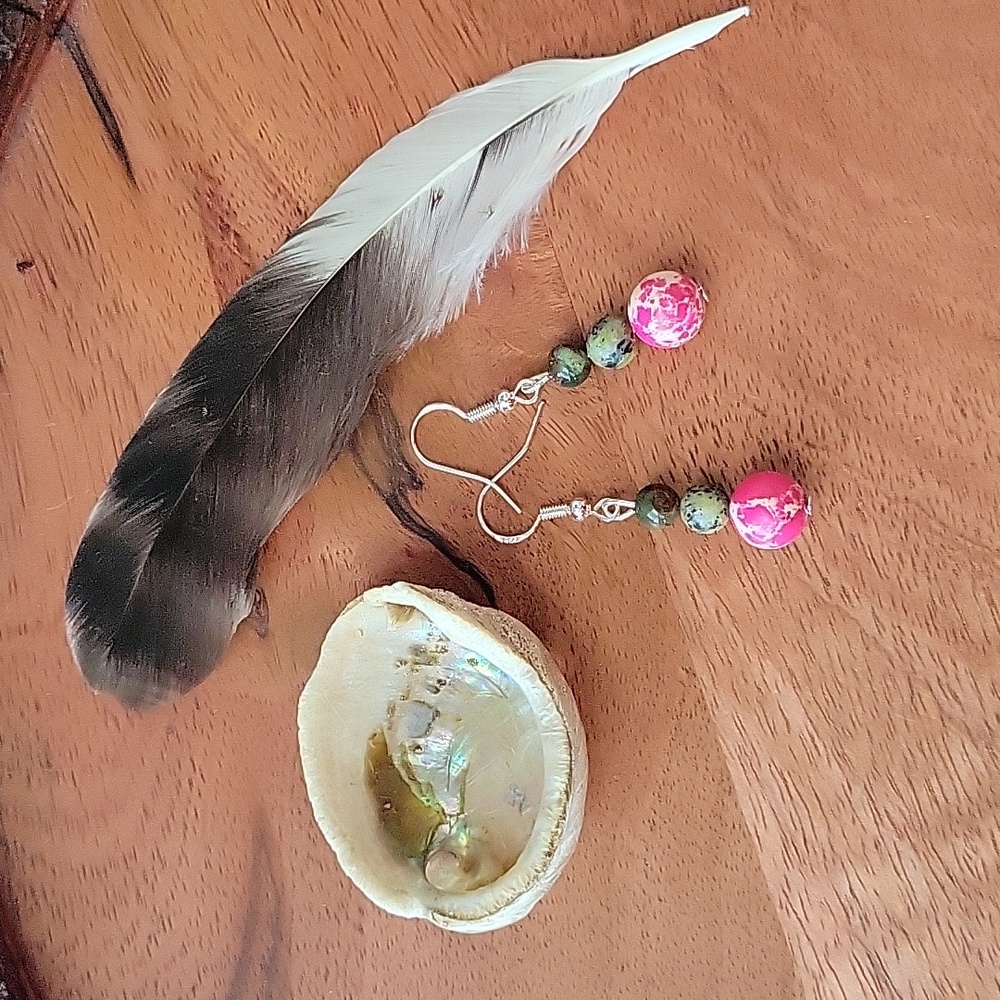Pink Imperial Jasper Yellow Turquoise Varasite Earrings Boho Artsy Jewelry Gift